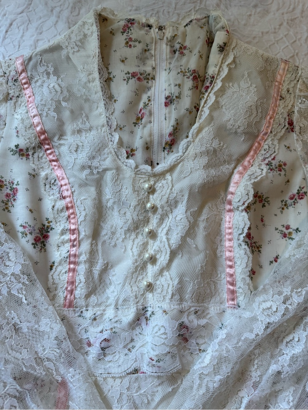 Vintage Prairie Cottagecore Floral Lace Maxi Dress Gunne Sax Style XS